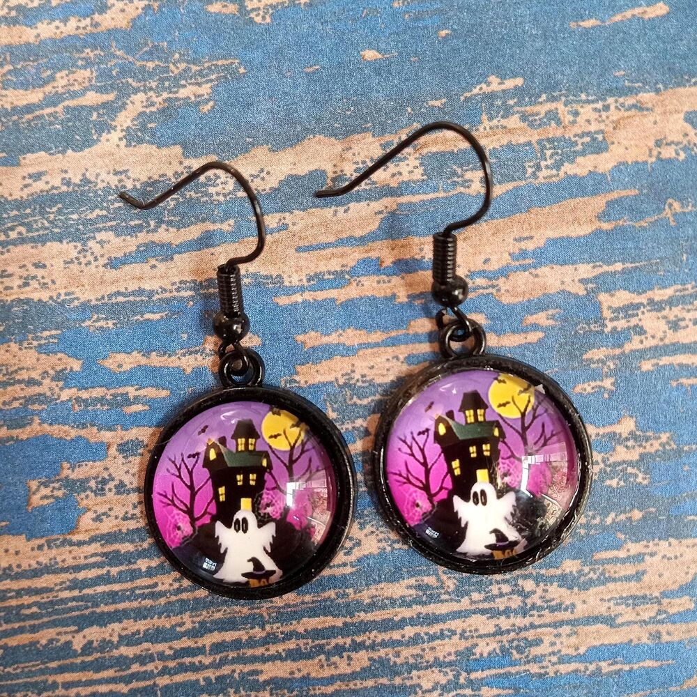 Purple Black Haunted House Ghost Halloween Earrings Dangles